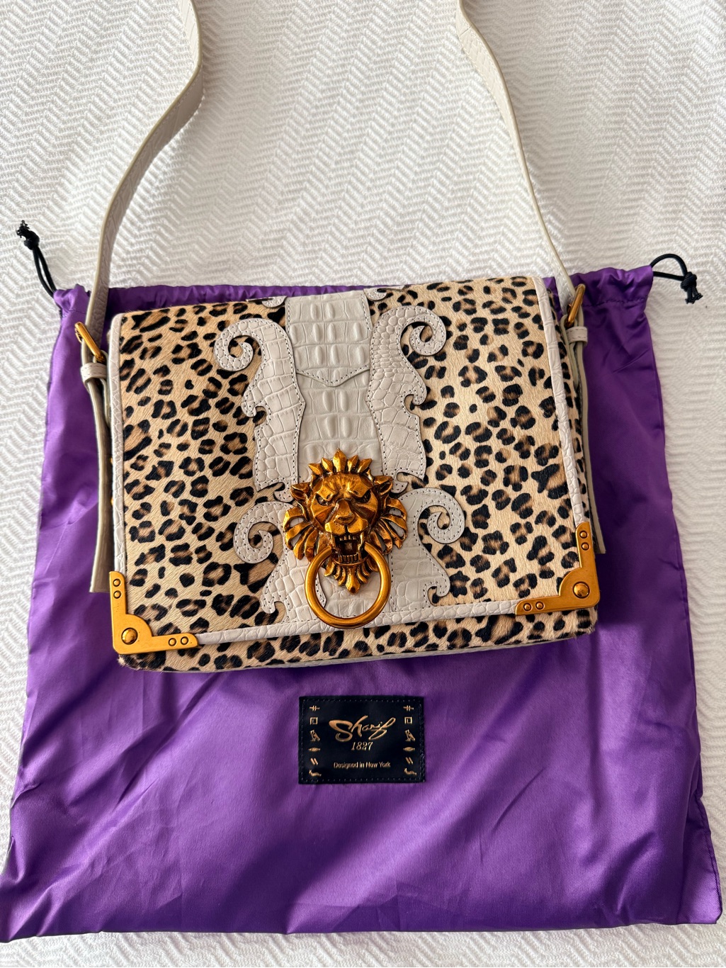 Sharif 1827 Genuine Leather Rare Lion Gate Leopard Print Crossbody Bag